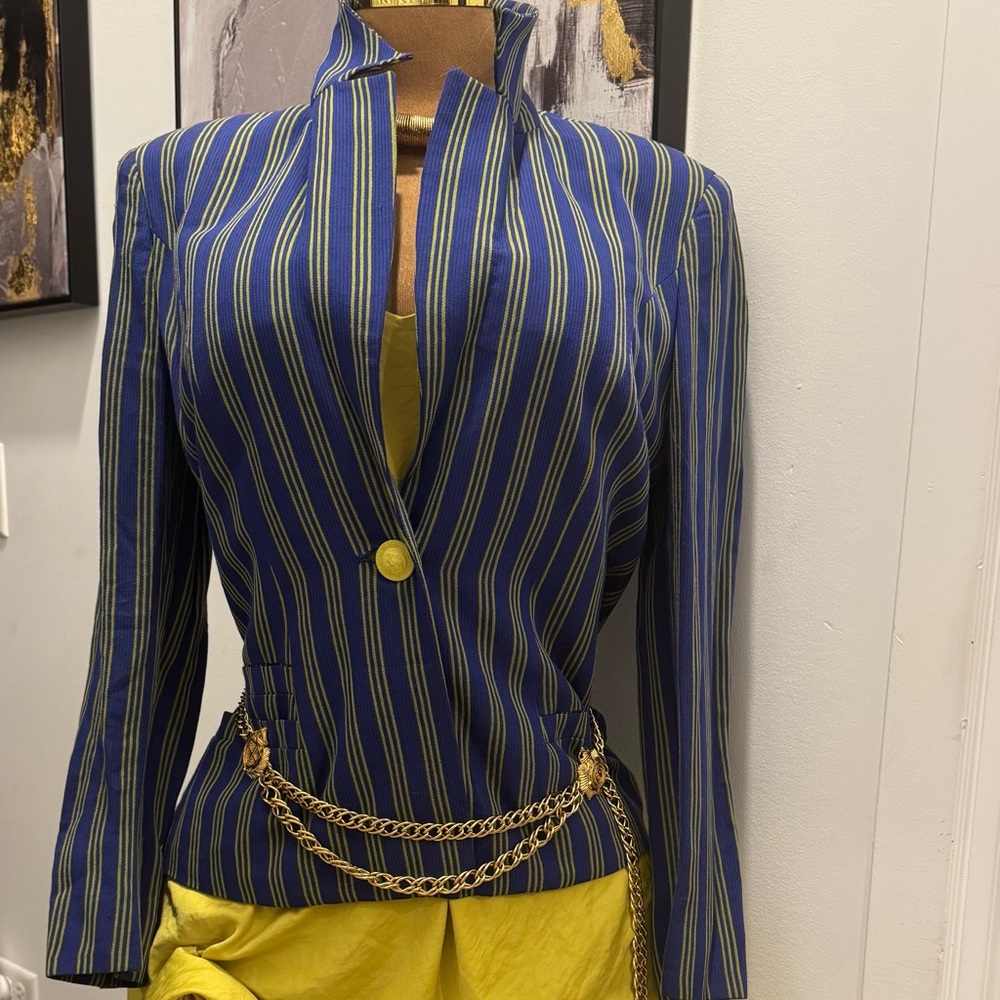 ((SOLD)) Vintage Versace Jeans Collection Blue and Yellow Striped Blazer